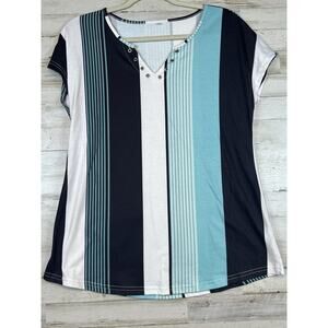 Blue Black White Striped Blouse Grommet Detail Women's Size M Cap Sleeve